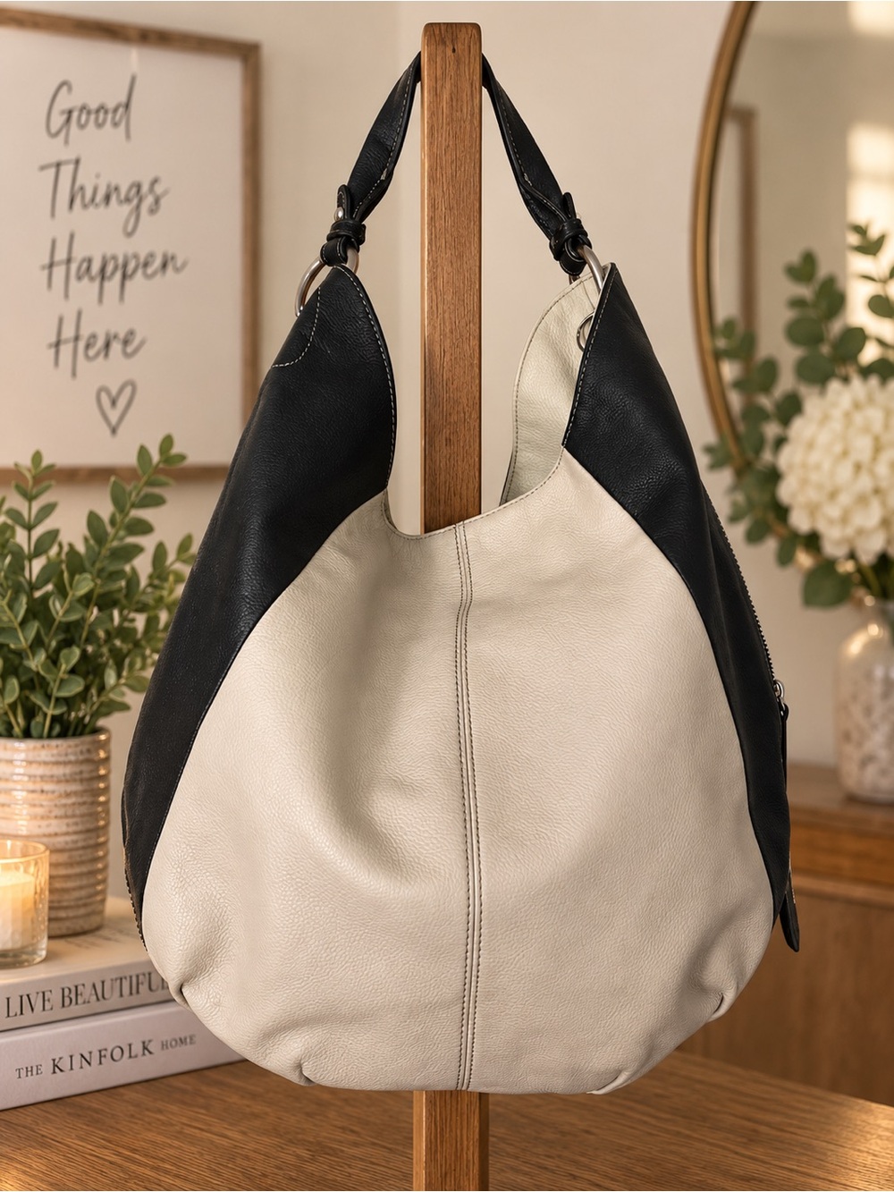 Clark leather Two-Tone Black and Cream Hobo Bag